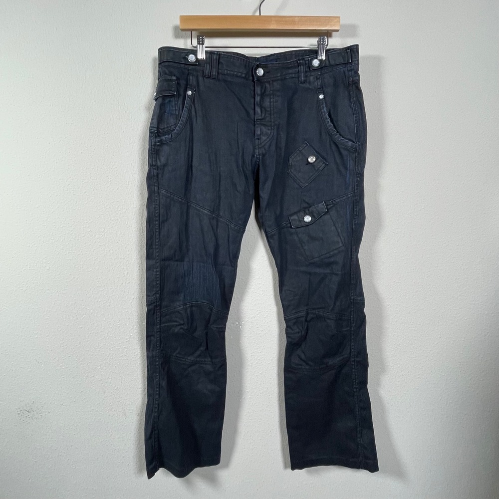 Zara Man Wax Denim Utility‎ Jeans Mens 34 Dark Blue Coated Tactical Multi-Pocket